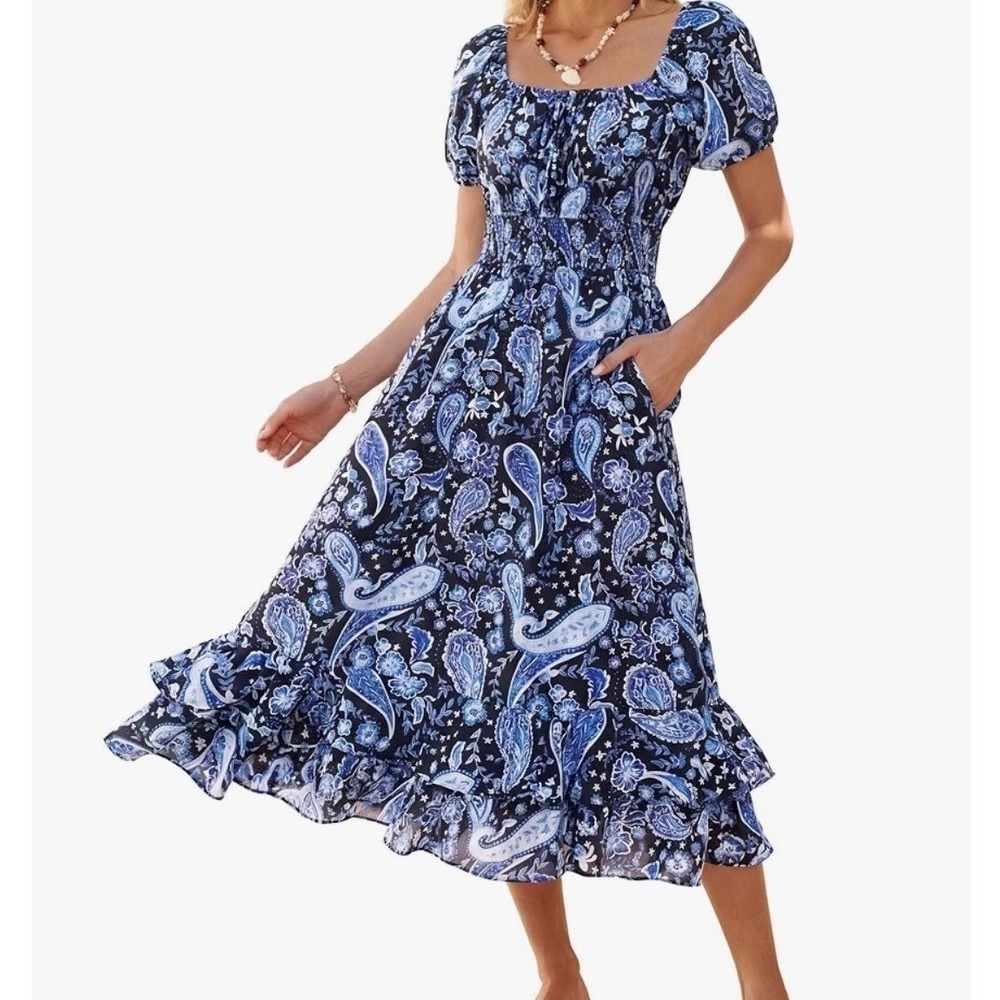 Kate Kasin Maxi Dress Womens M Blue Paisley Smocked Puff Sleeve Boho NWT